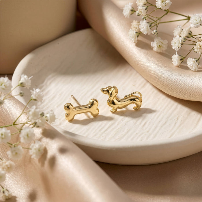 Premium Gold Plated Mismatch Dachshund & Bone Stud Earrings