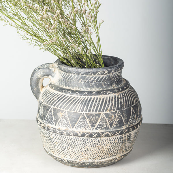 Rustic Black Patterned Terracotta Vase