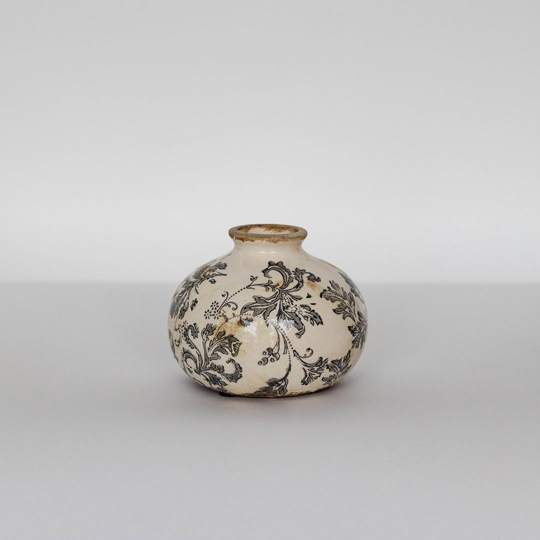 Wide Ceramic Vase With Black Floral Design