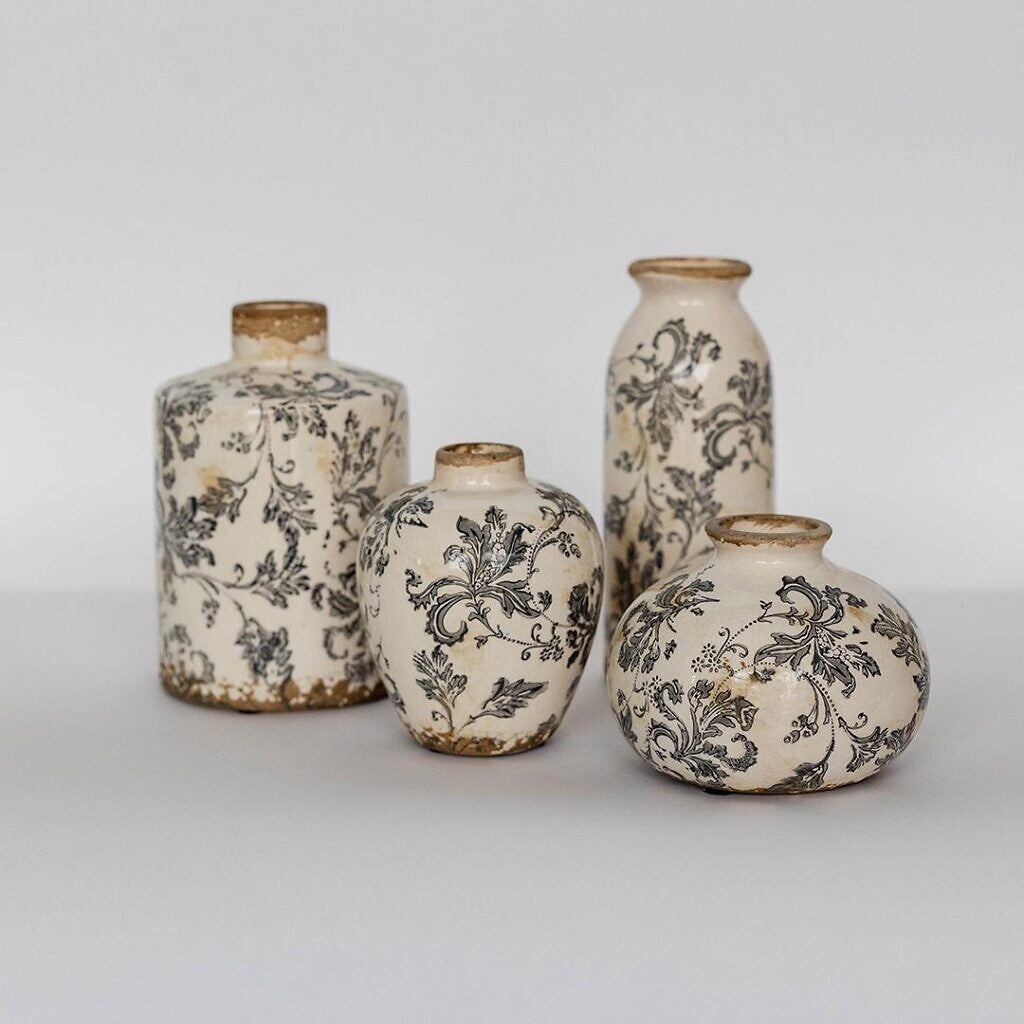 Wide Ceramic Vase With Black Floral Design
