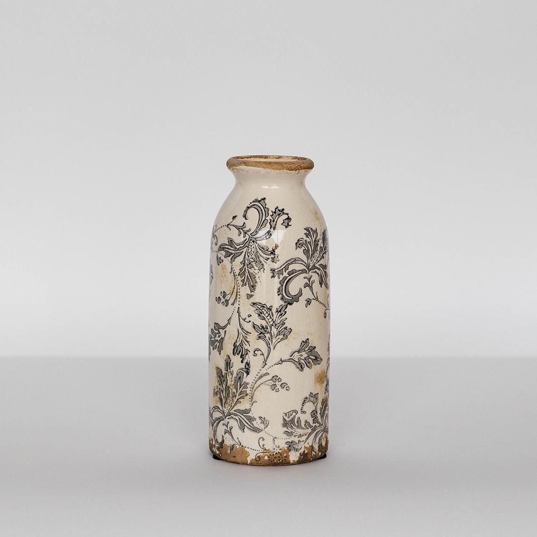 Tall Ceramic Vase With Black Floral Design