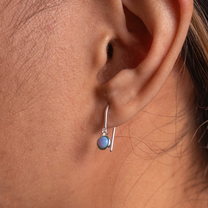 Sterling Silver Bezel Set Blue Opal CZ Hook Earrings