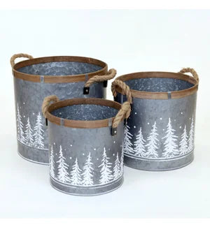 Round Metal Container with White Trees & Rope Handle - Medium