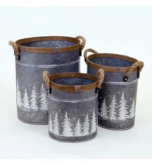 Oval Metal Container with White Trees & Rope Handle - Small