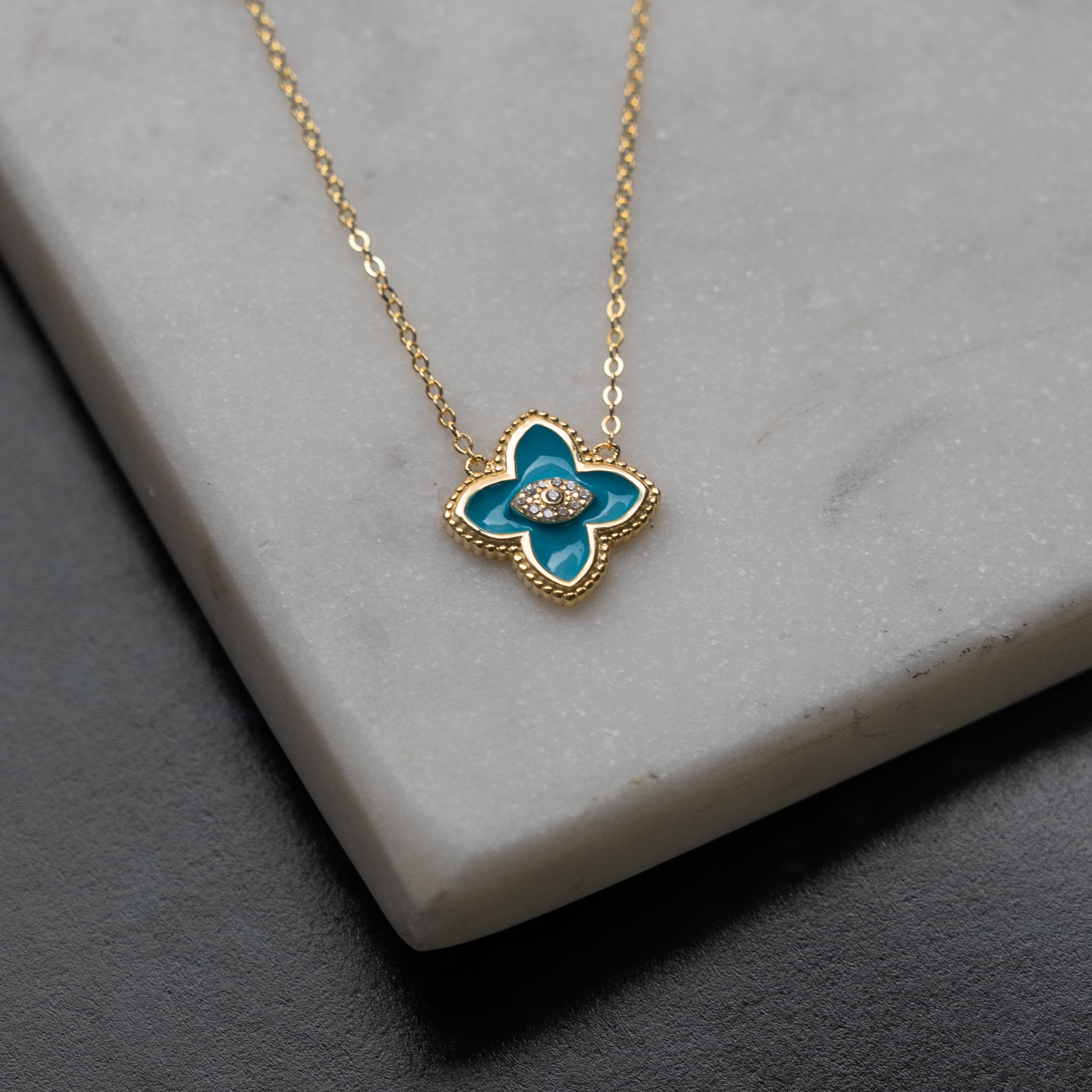 Sterling Silver Gold Vermeil Enamel CZ Evil Eye Clover Necklace, Turquoise