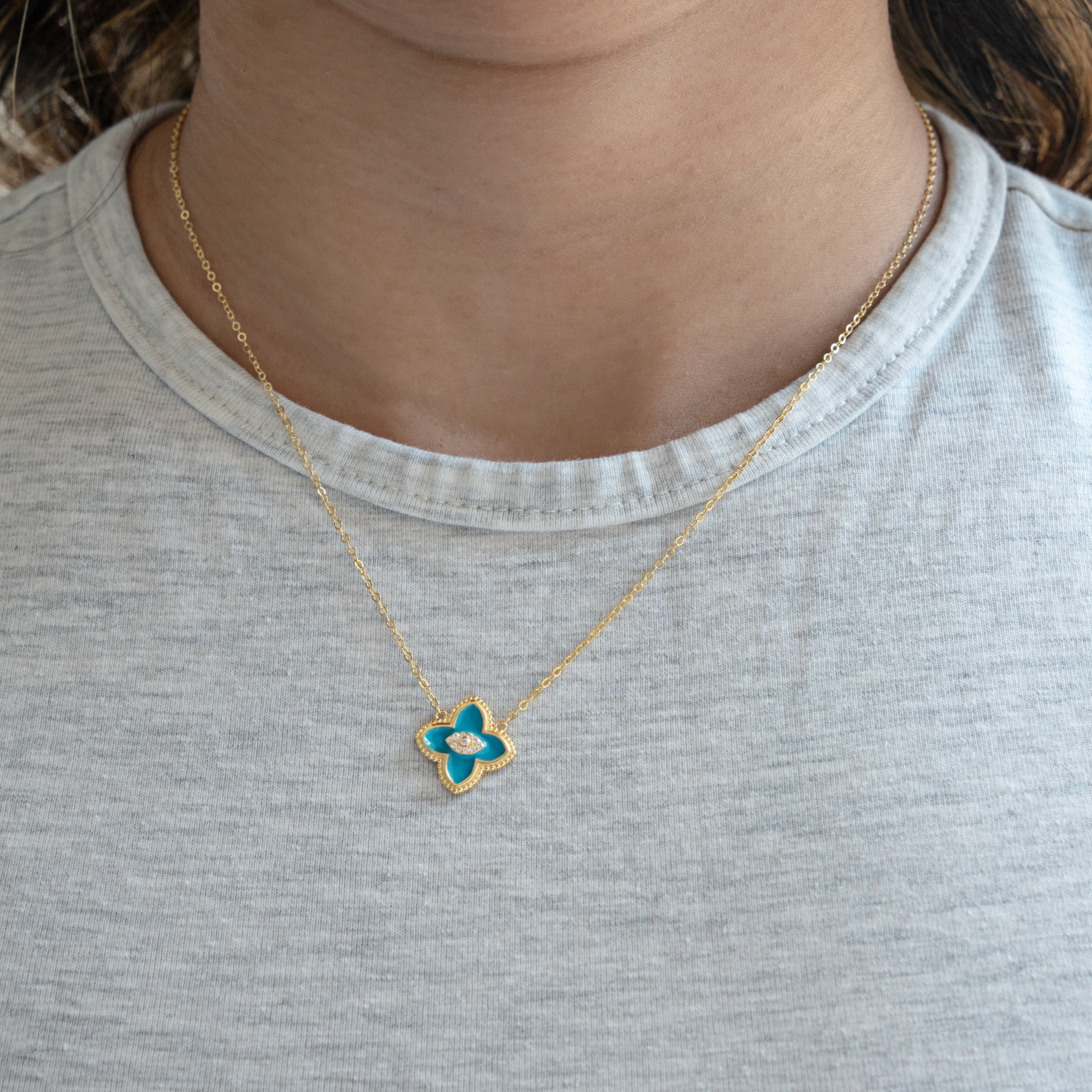 Sterling Silver Gold Vermeil Enamel CZ Evil Eye Clover Necklace, Turquoise