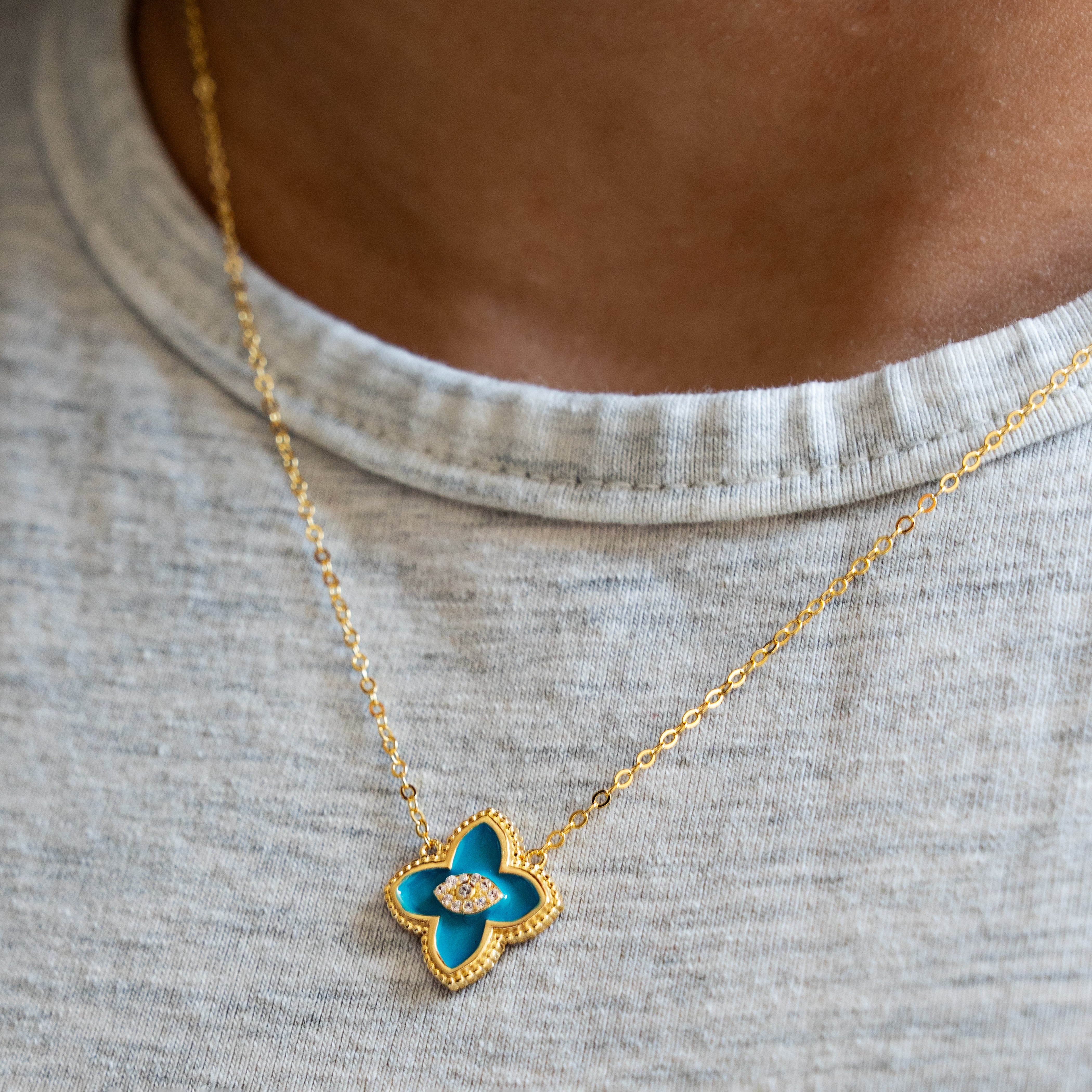 Sterling Silver Gold Vermeil Enamel CZ Evil Eye Clover Necklace, Turquoise