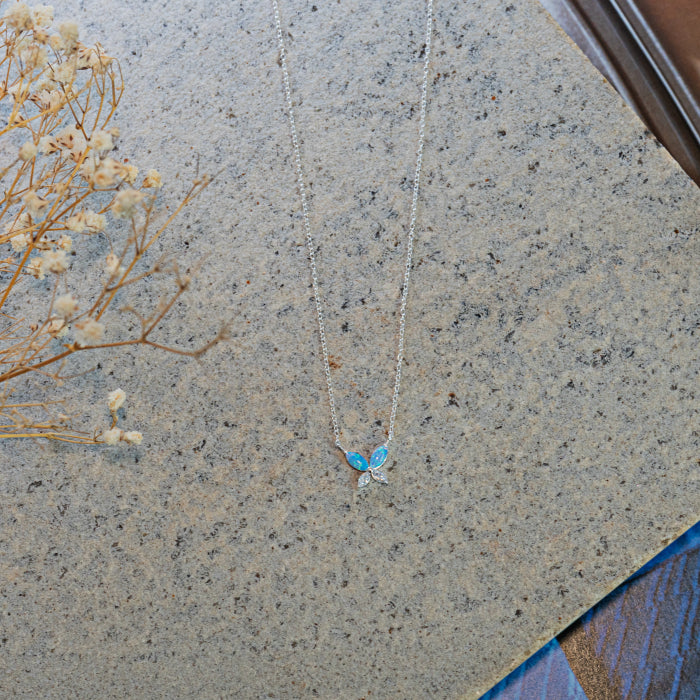 Sterling Silver CZ Blue Opal Butterfly Necklace