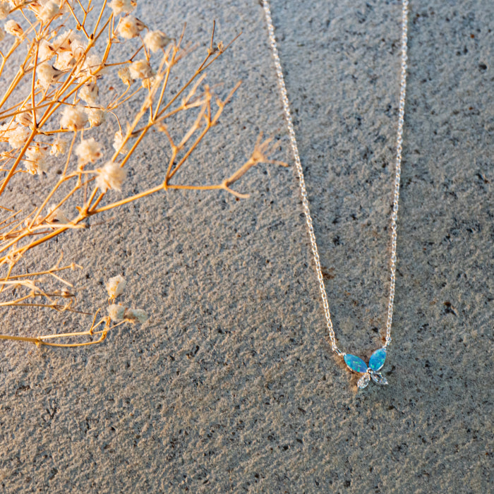 Sterling Silver CZ Blue Opal Butterfly Necklace