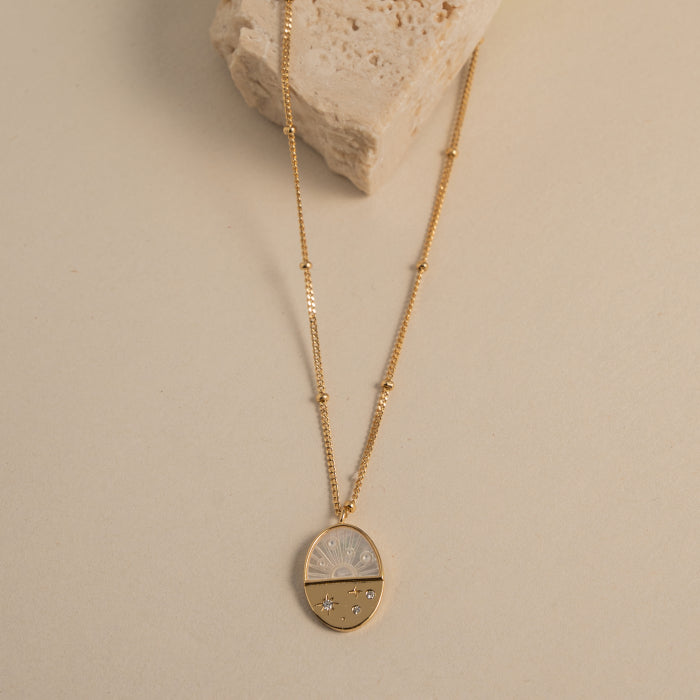 Sterling Silver Gold Vermeil CZ Star Setting MOP Oval Pendant Necklace