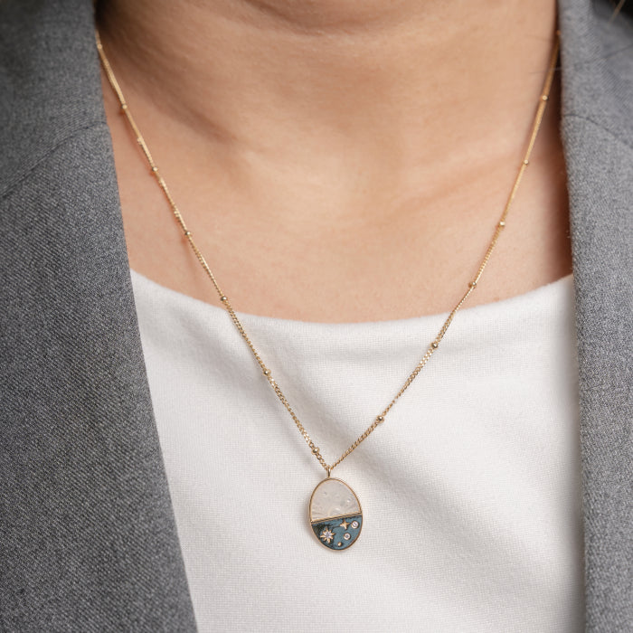 Sterling Silver Gold Vermeil CZ Star Setting MOP Oval Pendant Necklace
