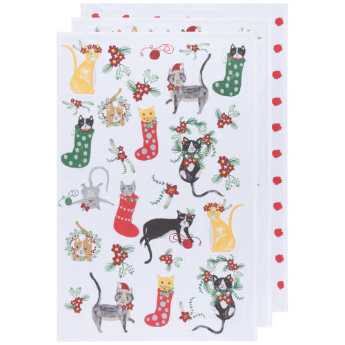 Set/3 Tea Towels - Meowy Christmas Bakers Floursack Dishtowels