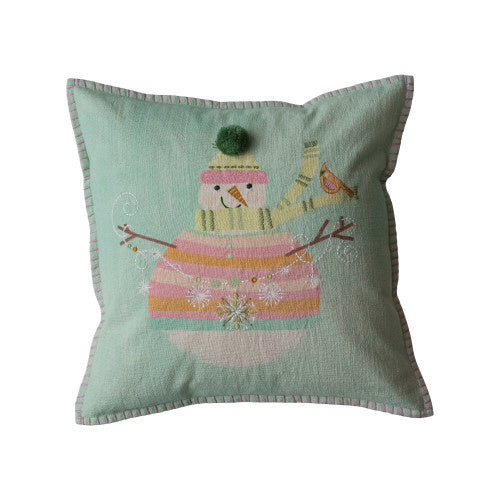 18" Square Cotton Printed Pillow, Snowman w/Bird