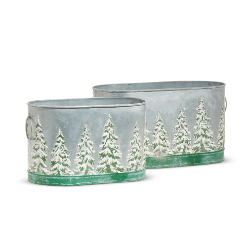 Large, GALVANIZED BUCKET WITH EMBOSSED TREES, style 2