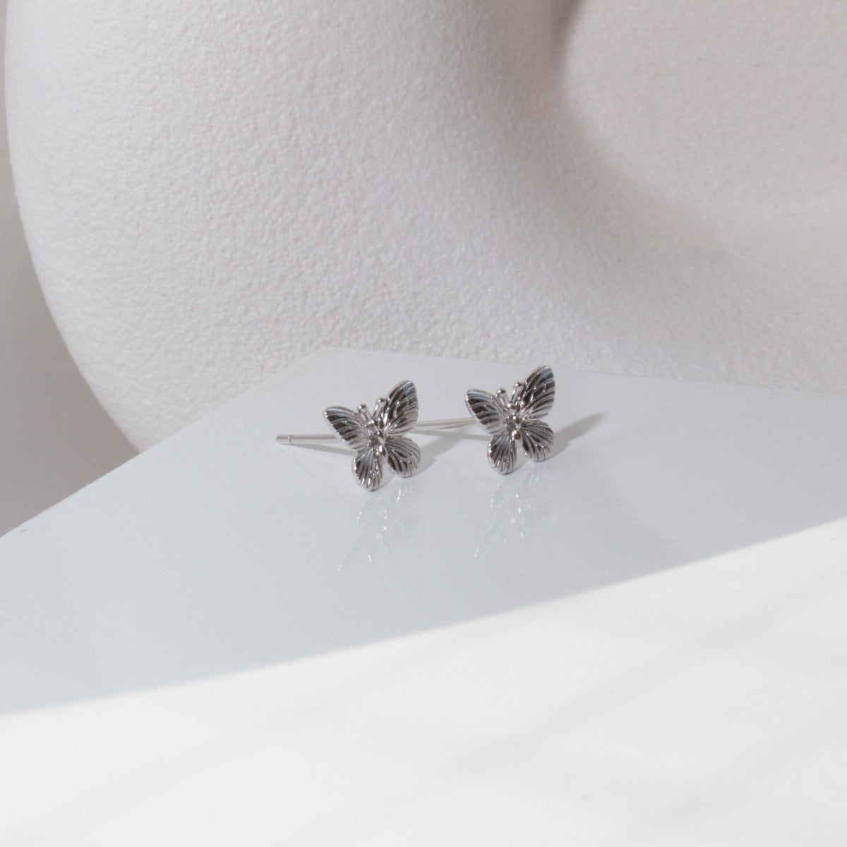 Sterling Silver Plain Detailed Butterfly Studs, Rhodium
