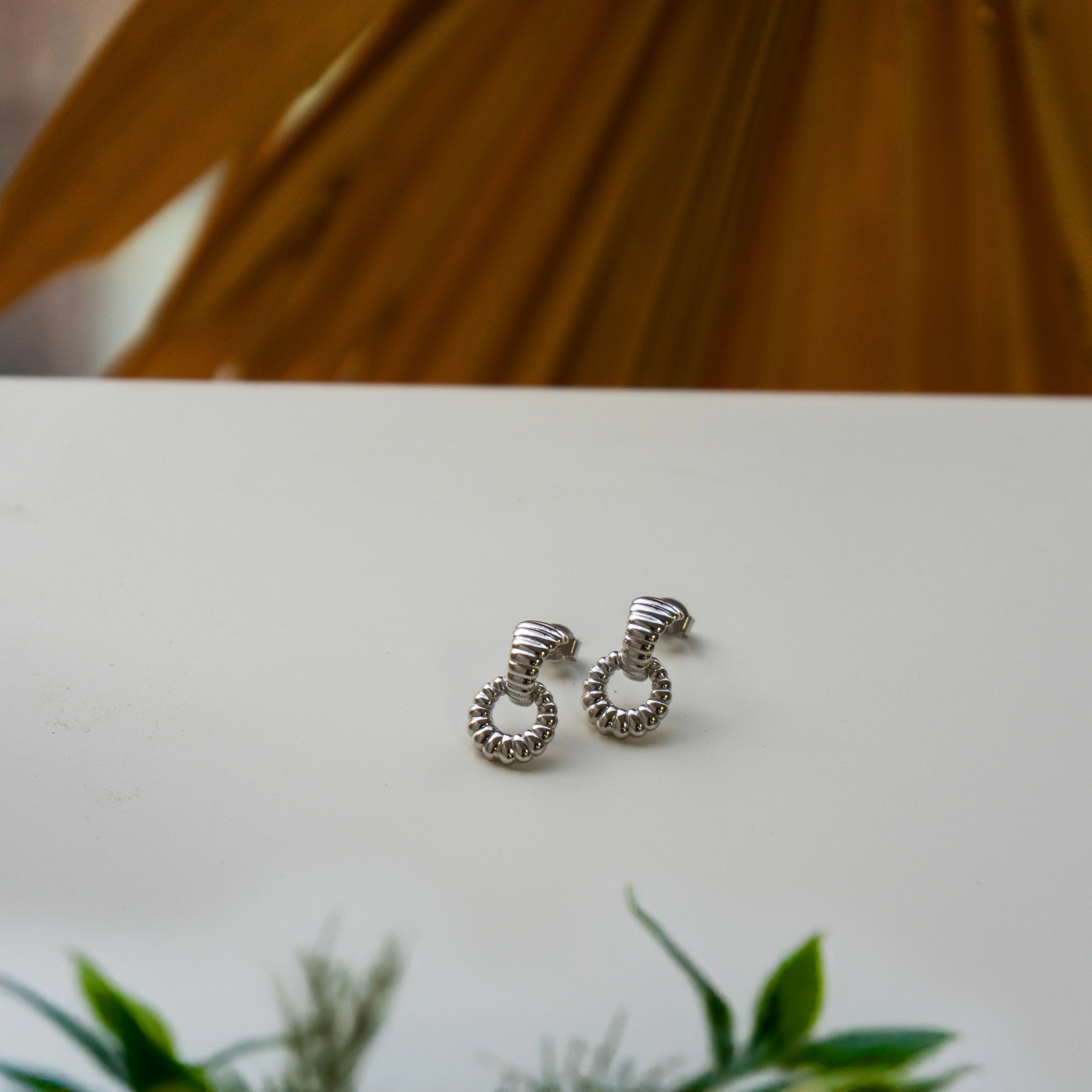Sterling Silver Ribbed Dangling Ring Huggies Earrings