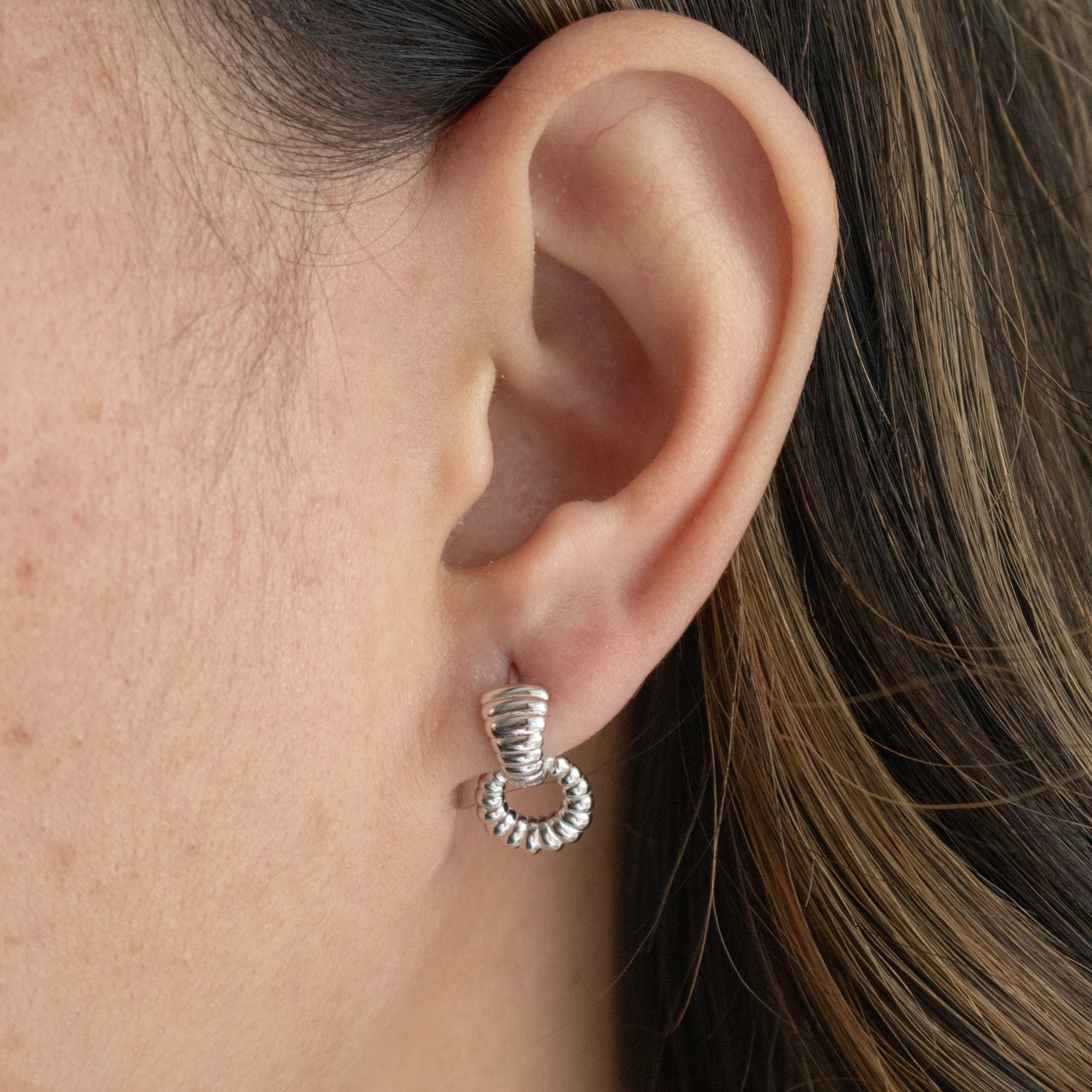 Sterling Silver Ribbed Dangling Ring Huggies Earrings