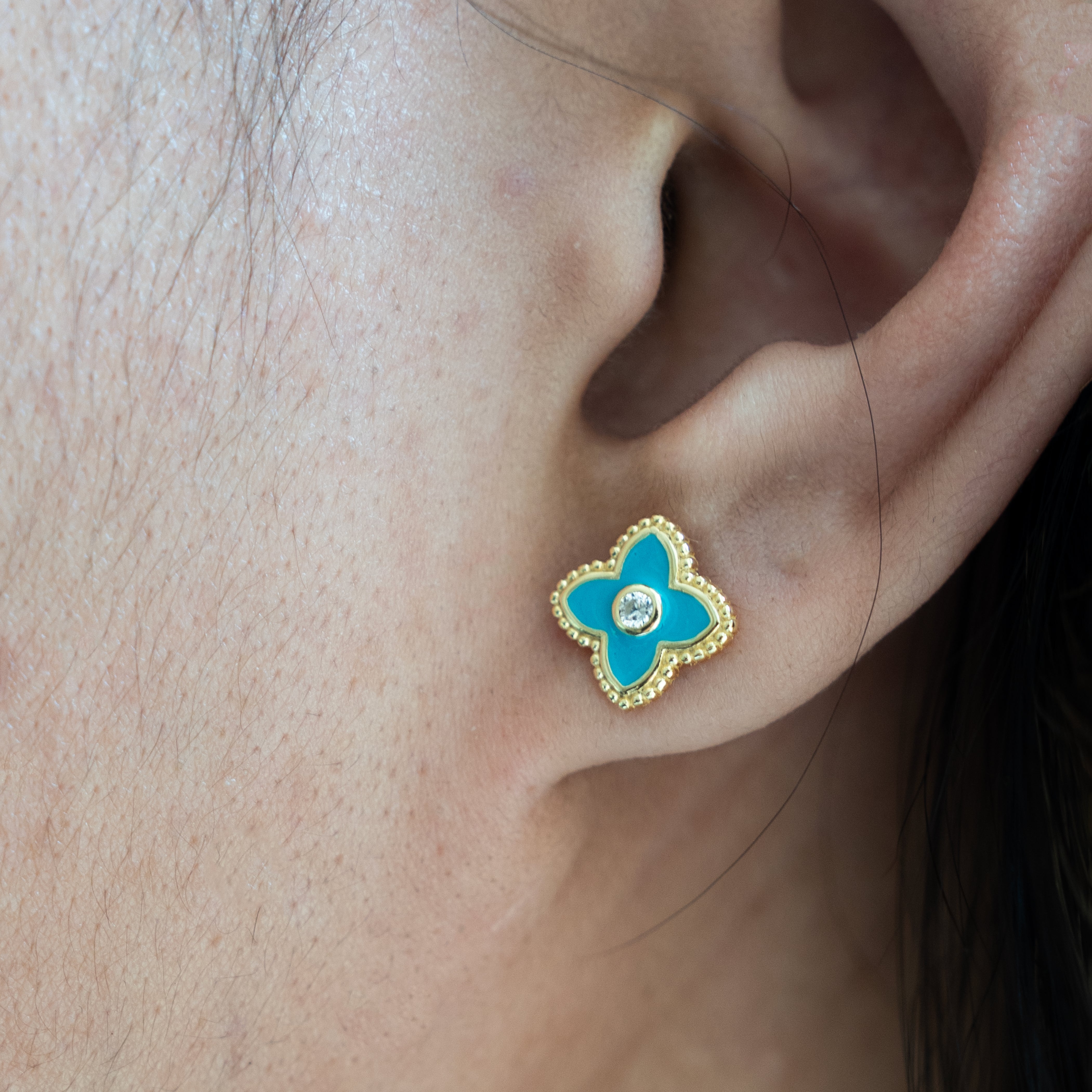 Sterling Silver Gold Vermeil Enamel CZ Clover Stud Earrings, Turquoise