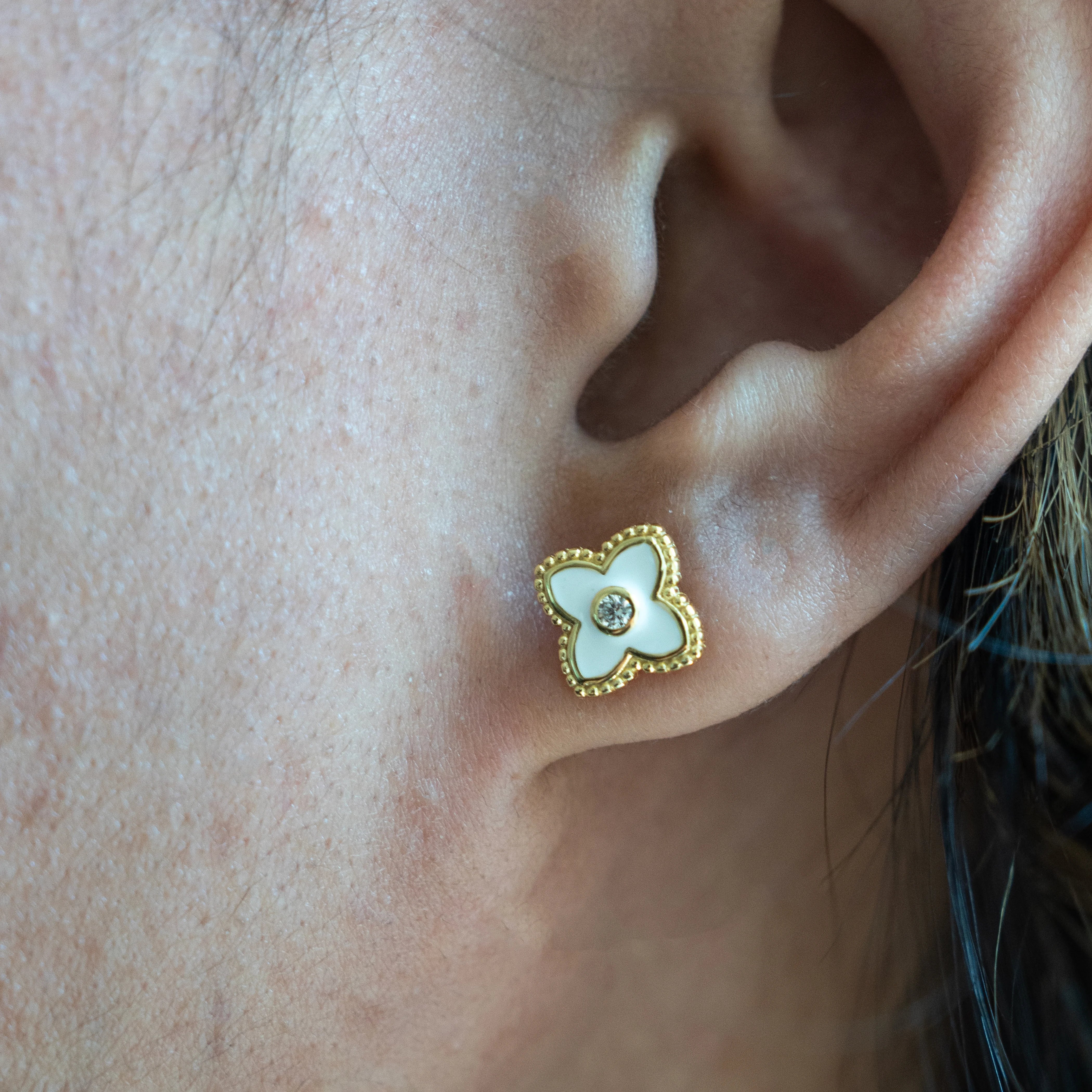 Sterling Silver Gold Vermeil Enamel CZ Clover Stud Earrings, White