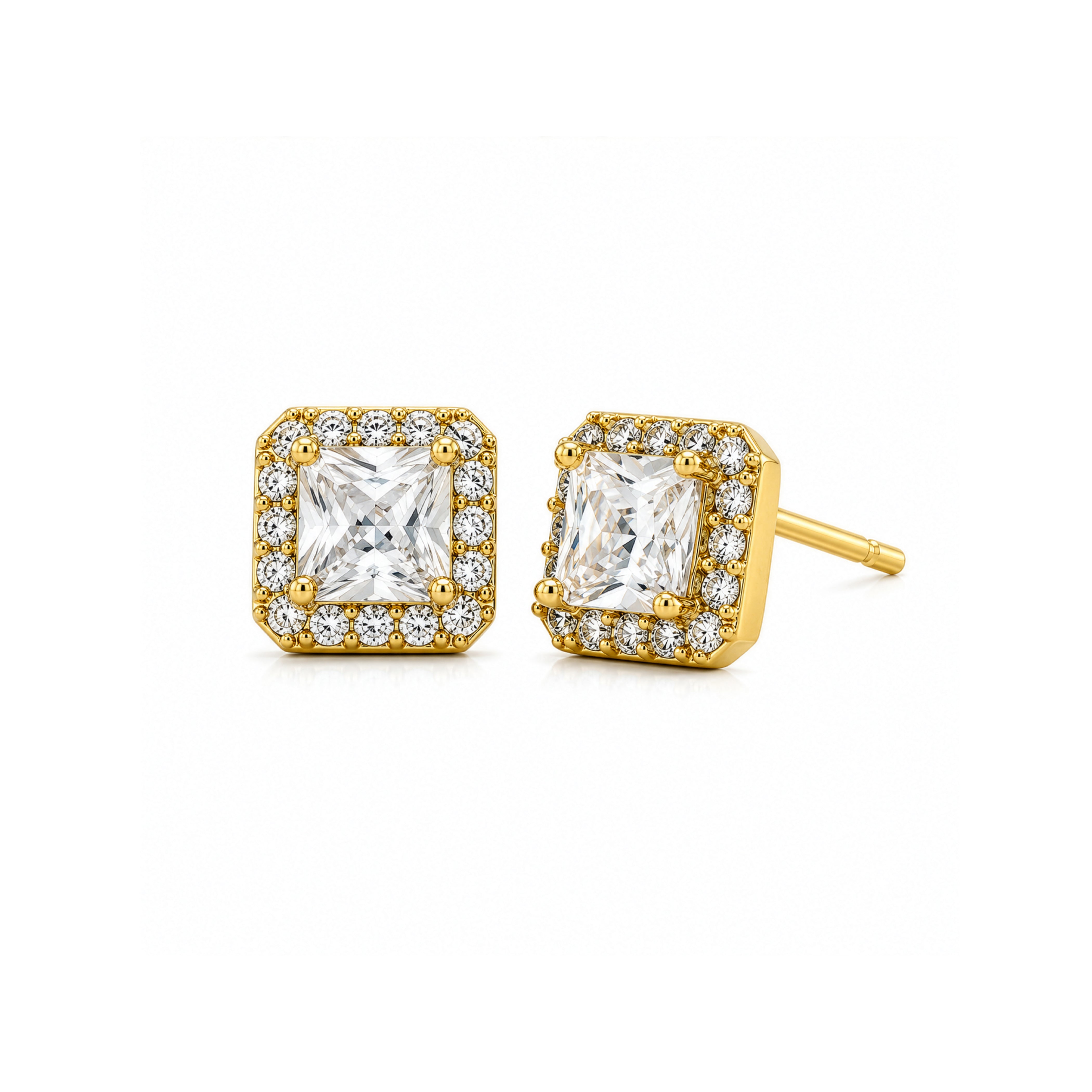 Sterling Silver Gold Vermeil Asscher Cut CZ Halo Stud Earrings