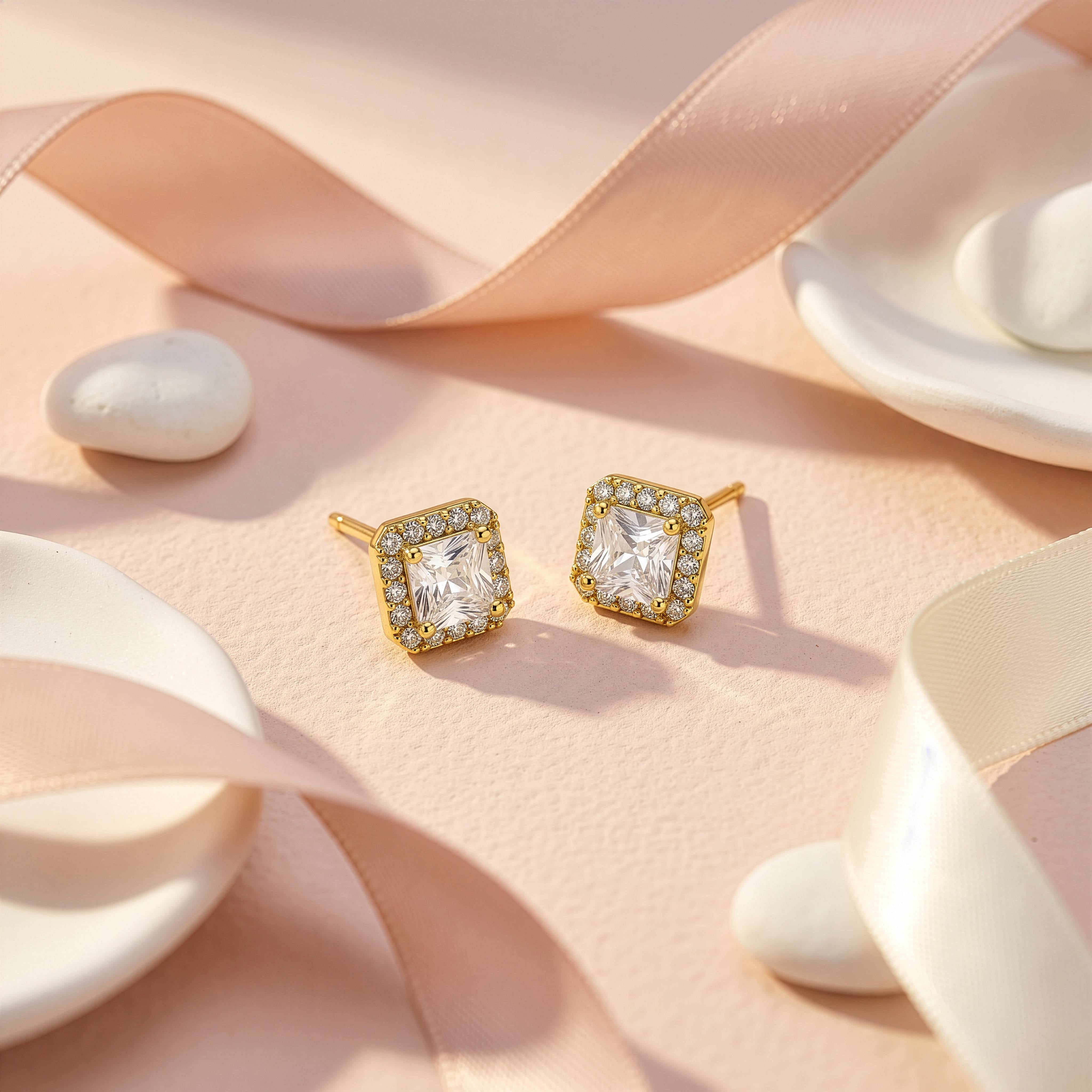Sterling Silver Gold Vermeil Asscher Cut CZ Halo Stud Earrings