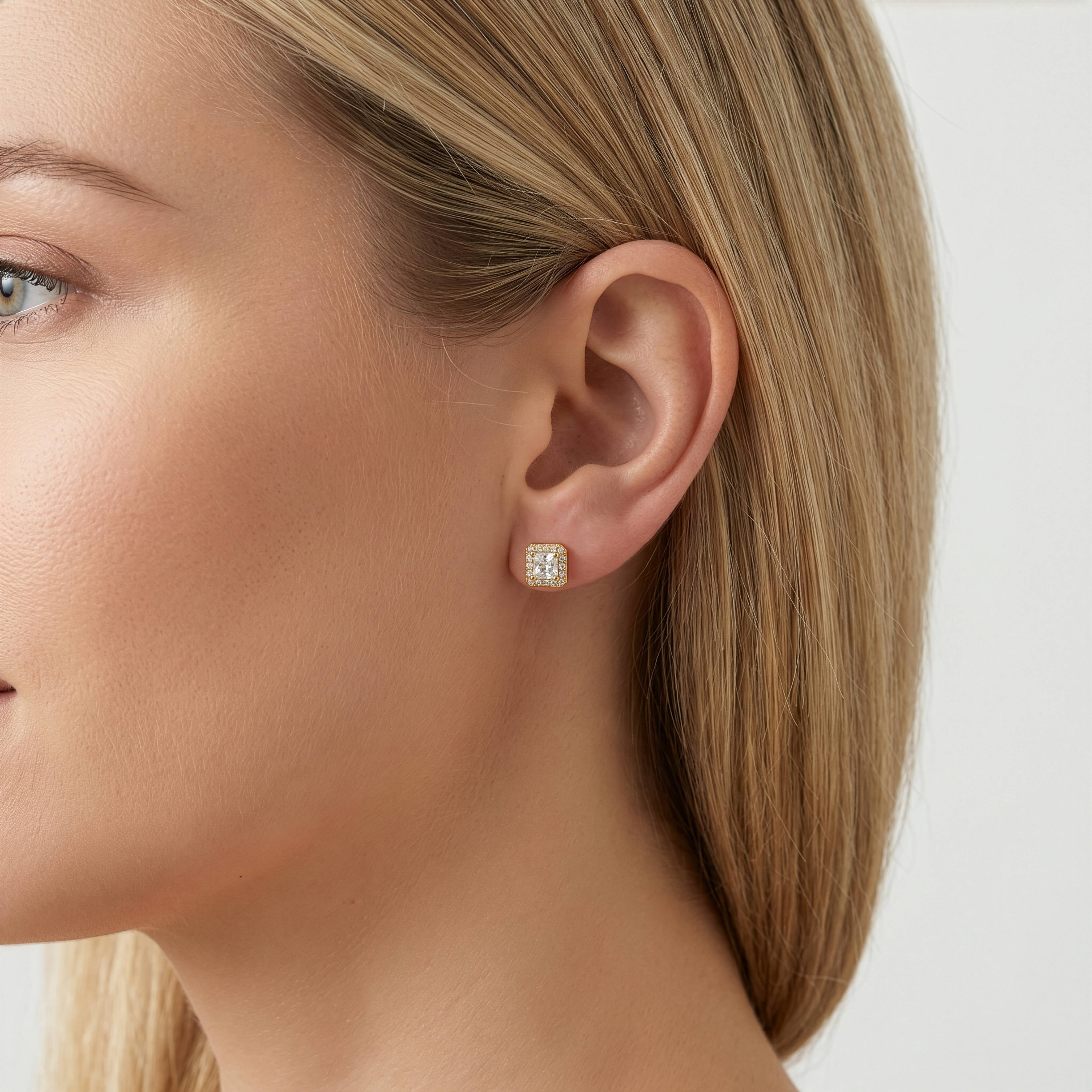 Sterling Silver Gold Vermeil Asscher Cut CZ Halo Stud Earrings