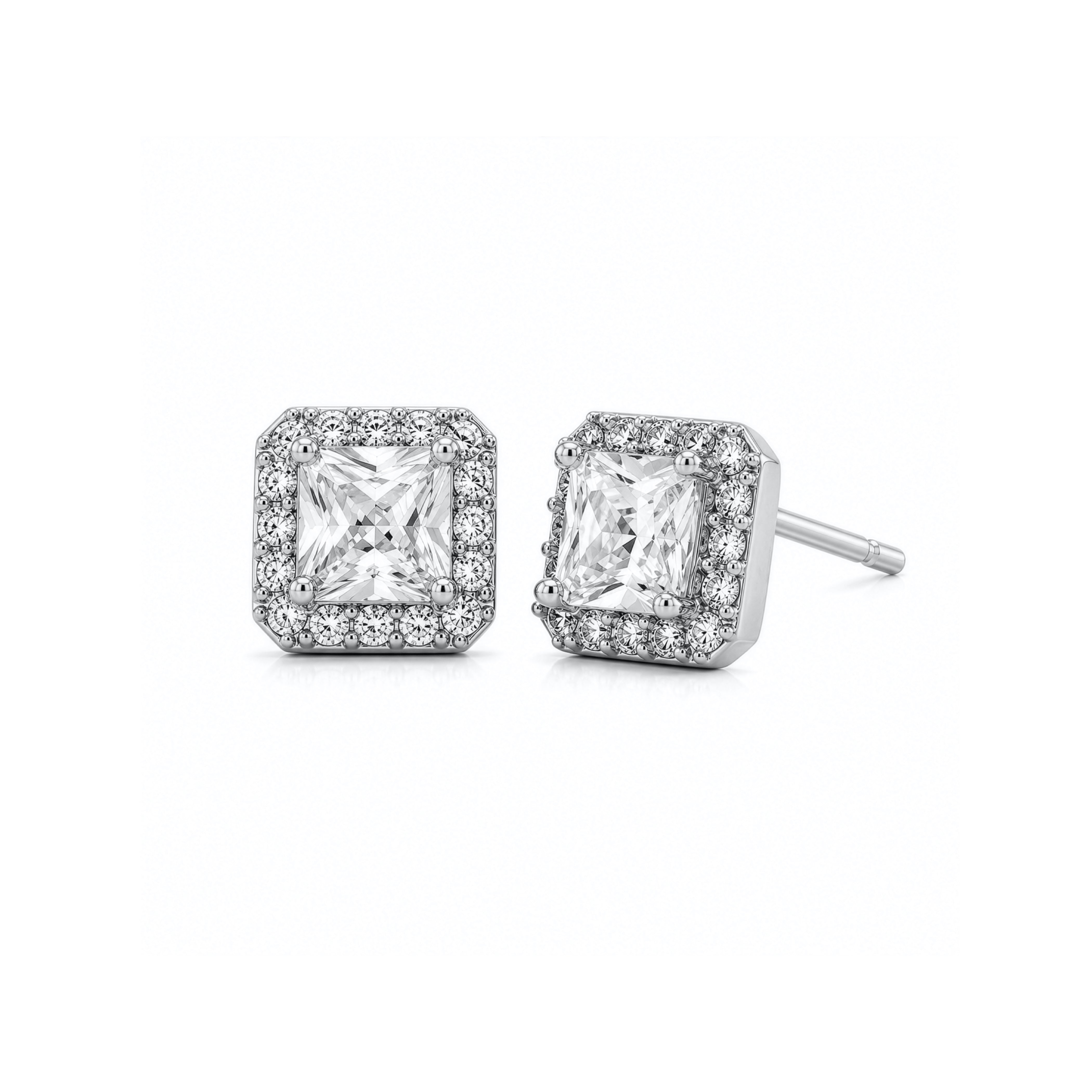 Sterling Silver Gold Vermeil Asscher Cut CZ Halo Stud Earrings