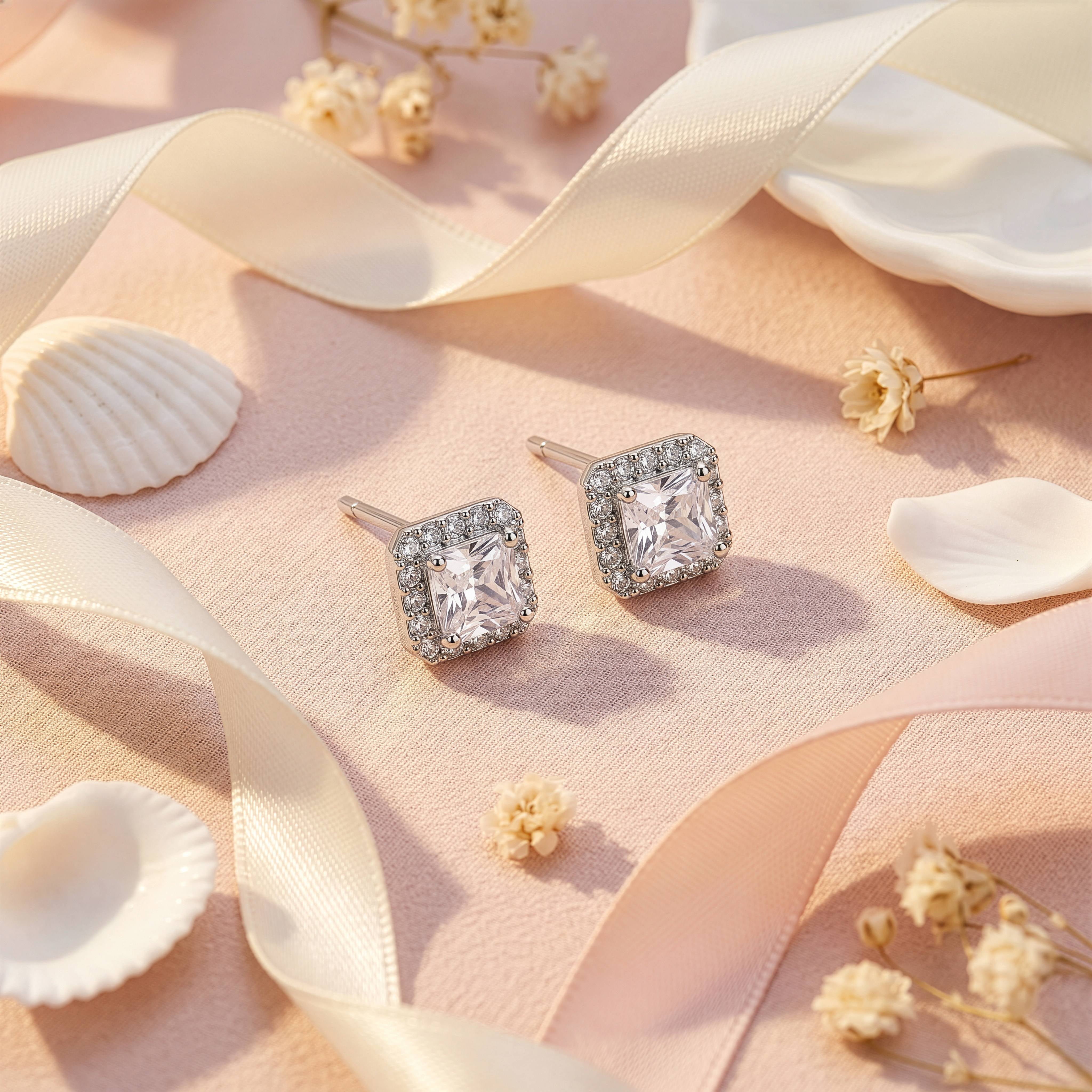 Sterling Silver Gold Vermeil Asscher Cut CZ Halo Stud Earrings
