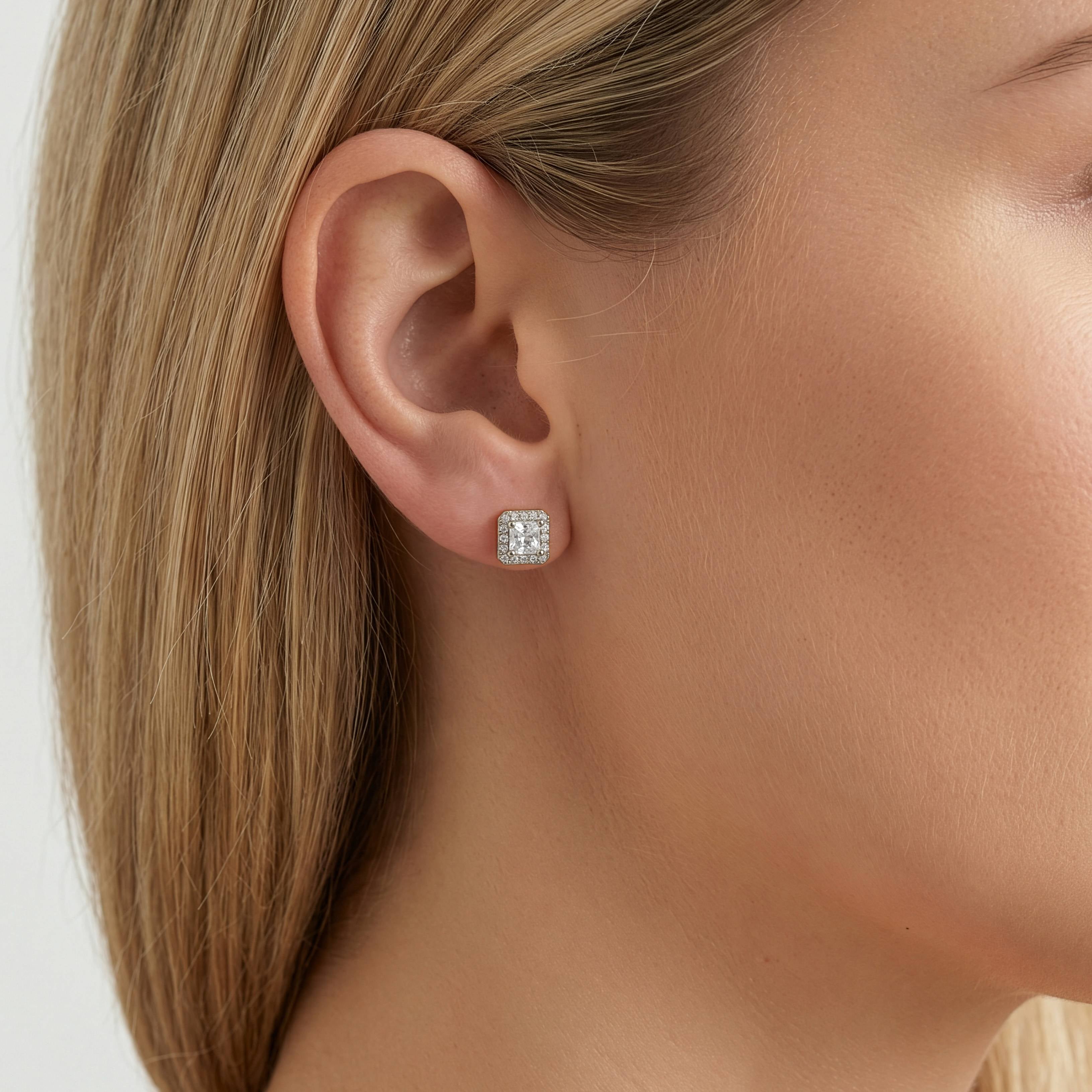 Sterling Silver Gold Vermeil Asscher Cut CZ Halo Stud Earrings