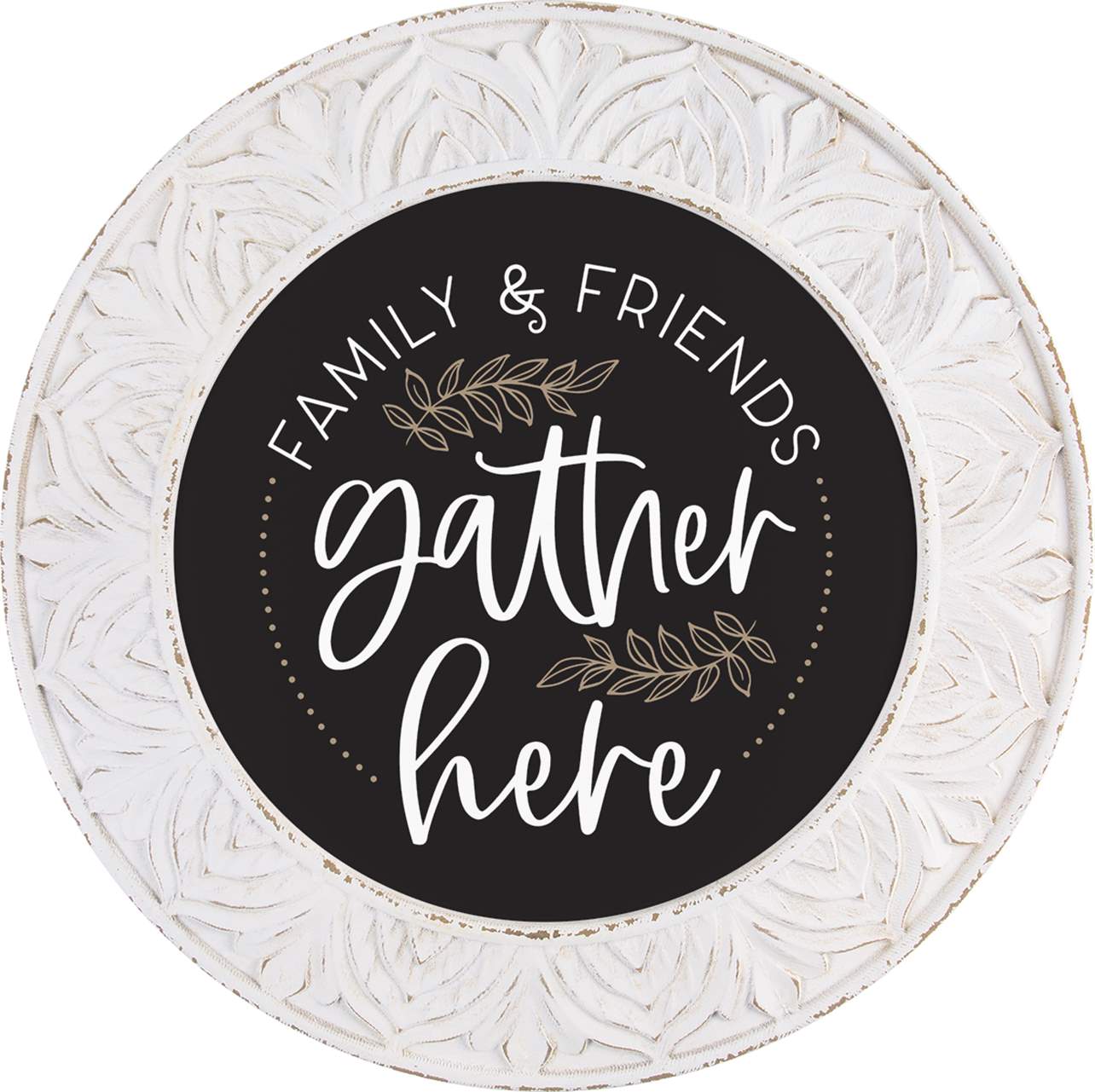 Framed Wall Art Sign "Family & Friends Gather Here"  Natural Wood 19.75" Round