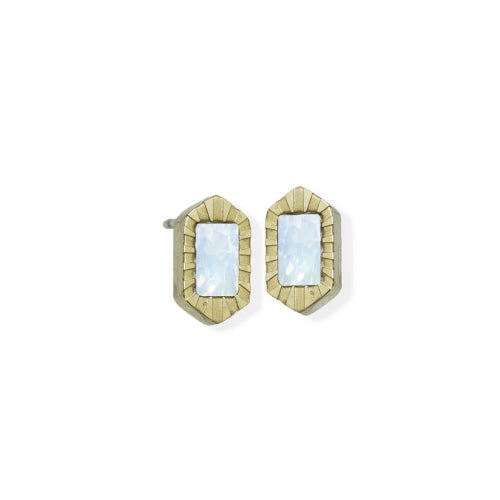 Rectangle Earring with Textured Edge, CZ Stainless Steel - White Opal