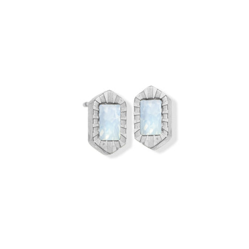 Rectangle Earring with Textured Edge, CZ Stainless Steel - White Opal