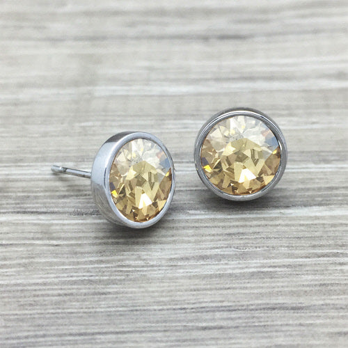 Luxe Round Swarovski Crystal Stud Earrings, Stainless Steel, Champagne