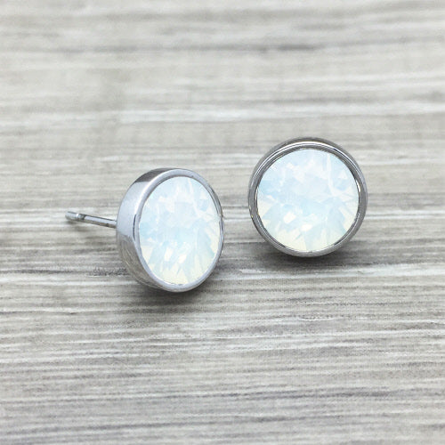 Luxe Round Swarovski Crystal Stud Earrings, Stainless Steel, White Opal