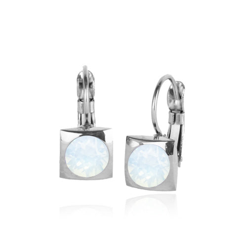 Classic Square Swarovski Crystal Frenchback Earrings, Stainless Steel, White Opal